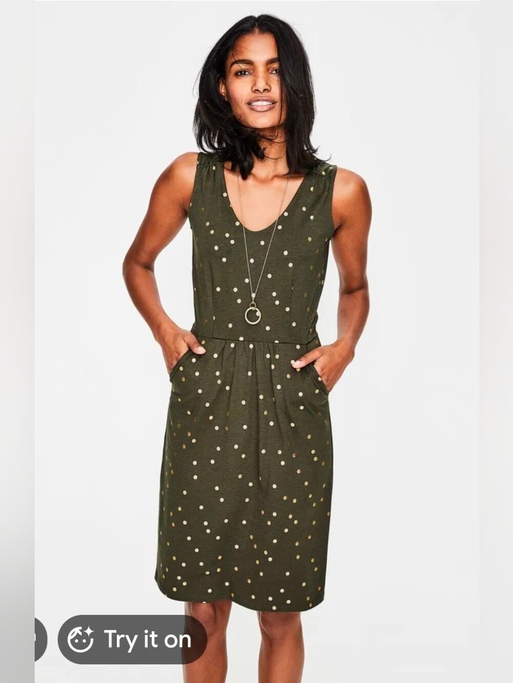 Boden Olive Green Sleeveless Mini Dress with Gold Dot Print Size 6